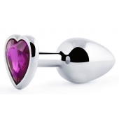 Серебристая анальная пробка с фиолетовым кристаллом-сердечком - 8 см. - Anal Jewelry Plug - купить с доставкой в Пскове
