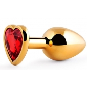 Золотистая анальная пробка с красным стразом-сердечком - 8 см. - Anal Jewelry Plug - купить с доставкой в Пскове