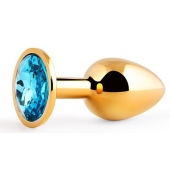 Золотистая анальная пробка с голубым стразом - 7,2 см. - Anal Jewelry Plug - купить с доставкой в Пскове