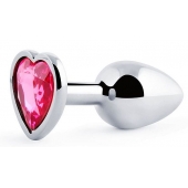 Серебристая анальная пробка с розовым кристаллом-сердечком - 7 см. - Anal Jewelry Plug - купить с доставкой в Пскове
