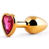 Золотистая анальная пробка с малиновым кристаллом-сердечком - 7 см. - Anal Jewelry Plug - купить с доставкой в Пскове