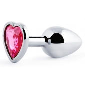 Серебристая анальная пробка с малиновым кристаллом-сердечком - 7 см. - Anal Jewelry Plug - купить с доставкой в Пскове