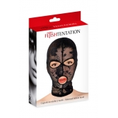Черная кружевная маска на голову с отверстиями для глаз и рта - Fetish Tentation - купить с доставкой в Пскове Черная кружевная маска на голову с отверстиями для глаз и рта - Fetish Tentation - купить с доставкой в Пскове