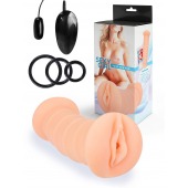 Телесный двусторонний мастурбатор с вибропулей и эрекционными кольцами в комплекте - Sexy Girl - в Пскове купить с доставкой