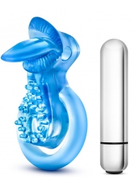 Голубое эрекционное виброкольцо 10 Function Vibrating Tongue Ring - Blush Novelties - в Пскове купить с доставкой