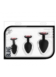 Набор черных анальных пробок с красным кристаллом-сердечком Bling Plugs Training Kit - Blush Novelties - купить с доставкой в Пскове