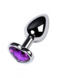 Серебристая коническая анальная пробка с фиолетовым кристаллом-сердечком - 7 см. - ToyFa - купить с доставкой в Пскове