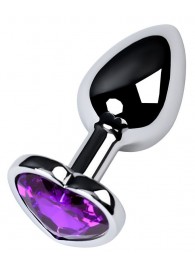 Серебристая коническая анальная пробка с фиолетовым кристаллом-сердечком - 7 см. - ToyFa - купить с доставкой в Пскове