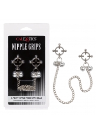 Металлические зажимы для сосков на цепочке Nipple Grips 4-Point Nipple Press with Bells - California Exotic Novelties - купить с доставкой в Пскове