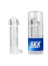 Прозрачная рельефная насадка-реалистик с петлей для мошонки - 13,5 см. - Sex Expert - в Пскове купить с доставкой