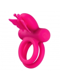 Розовое эрекционное виброкольцо Silicone Rechargeable Dual Butterfly Ring - California Exotic Novelties - в Пскове купить с доставкой