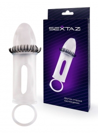 Закрытая насадка на пенис с подхватом мошонки и стимулирующими «ресничками» - Sextaz - в Пскове купить с доставкой
