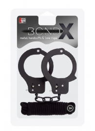 Чёрные наручники из листового металла в комплекте с веревкой BONDX METAL CUFFS LOVE ROPE SET - Dream Toys - купить с доставкой в Пскове