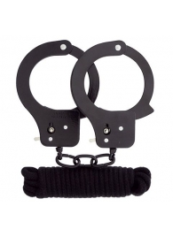 Чёрные наручники из листового металла в комплекте с веревкой BONDX METAL CUFFS LOVE ROPE SET - Dream Toys - купить с доставкой в Пскове