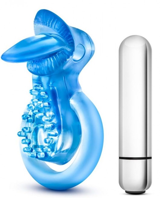 Голубое эрекционное виброкольцо 10 Function Vibrating Tongue Ring - Blush Novelties - в Пскове купить с доставкой