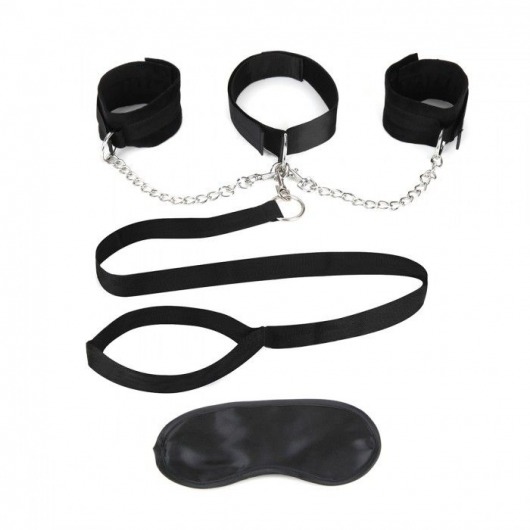 Чёрный ошейник с наручниками и поводком Collar Cuffs   Leash Set - Lux Fetish - купить с доставкой в Пскове