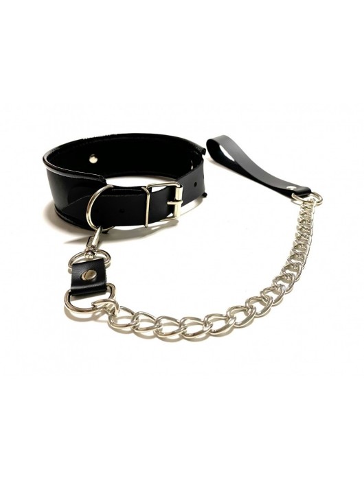 Черный ошейник с поводком из эко-кожи - БДСМ Арсенал - купить с доставкой в Пскове