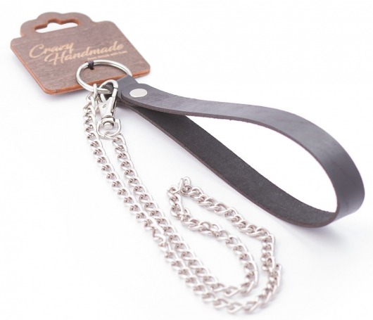 Серебристый металлический поводок с кожаной черной ручкой - 80 см. - Crazy Handmade - купить с доставкой в Пскове
