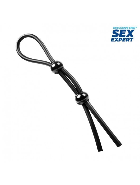 Черное силиконовое лассо с двумя шариками для утяжки - Sex Expert - в Пскове купить с доставкой