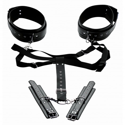 Черная бондажная система Acquire Easy Access Thigh Harness with Wrist Cuffs - XR Brands - купить с доставкой в Пскове
