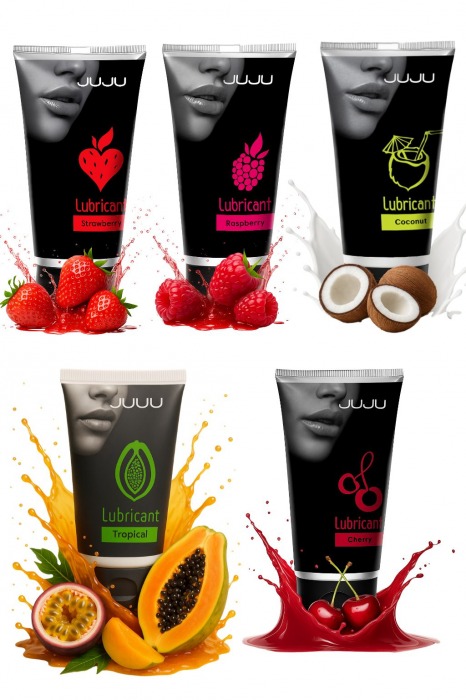 Набор из 5 съедобных лубрикантов JUJU (клубника, малина, тропические фрукты, вишня, кокос) - JuJu - купить с доставкой в Пскове
