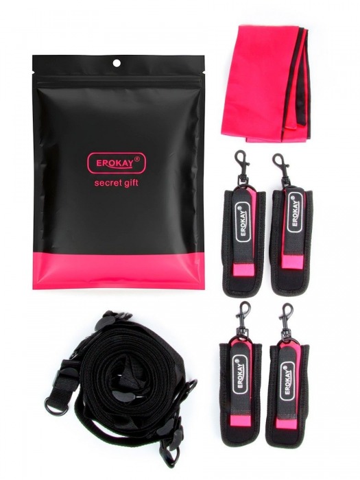 Черно-розовый эротический набор: фиксатор, оковы, наручники, повязка - Erokay - купить с доставкой в Пскове