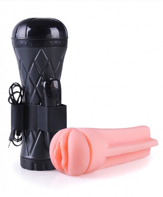 Телесный мастурбатор-вагина в черной колбе с вибрацией - Boys of Toys - в Пскове купить с доставкой
