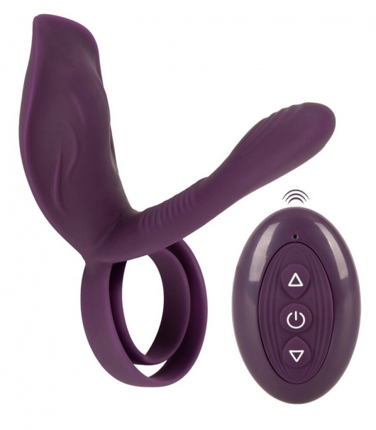 Фиолетовая насадка на член с клиторальным отростком и пультом ДУ RC Couple’s Vibrator 2 - Orion - в Пскове купить с доставкой