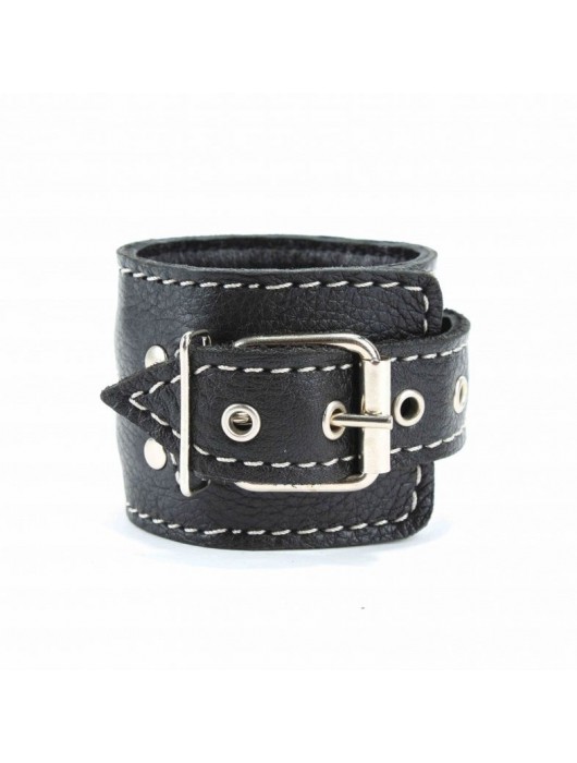 Чёрные кожаные наручники с крупной строчкой - БДСМ Арсенал - купить с доставкой в Пскове